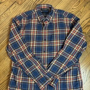Banana Republic Luxe Flannel Shirt - Blue Orange Plaid Preppy  (XL Slim)